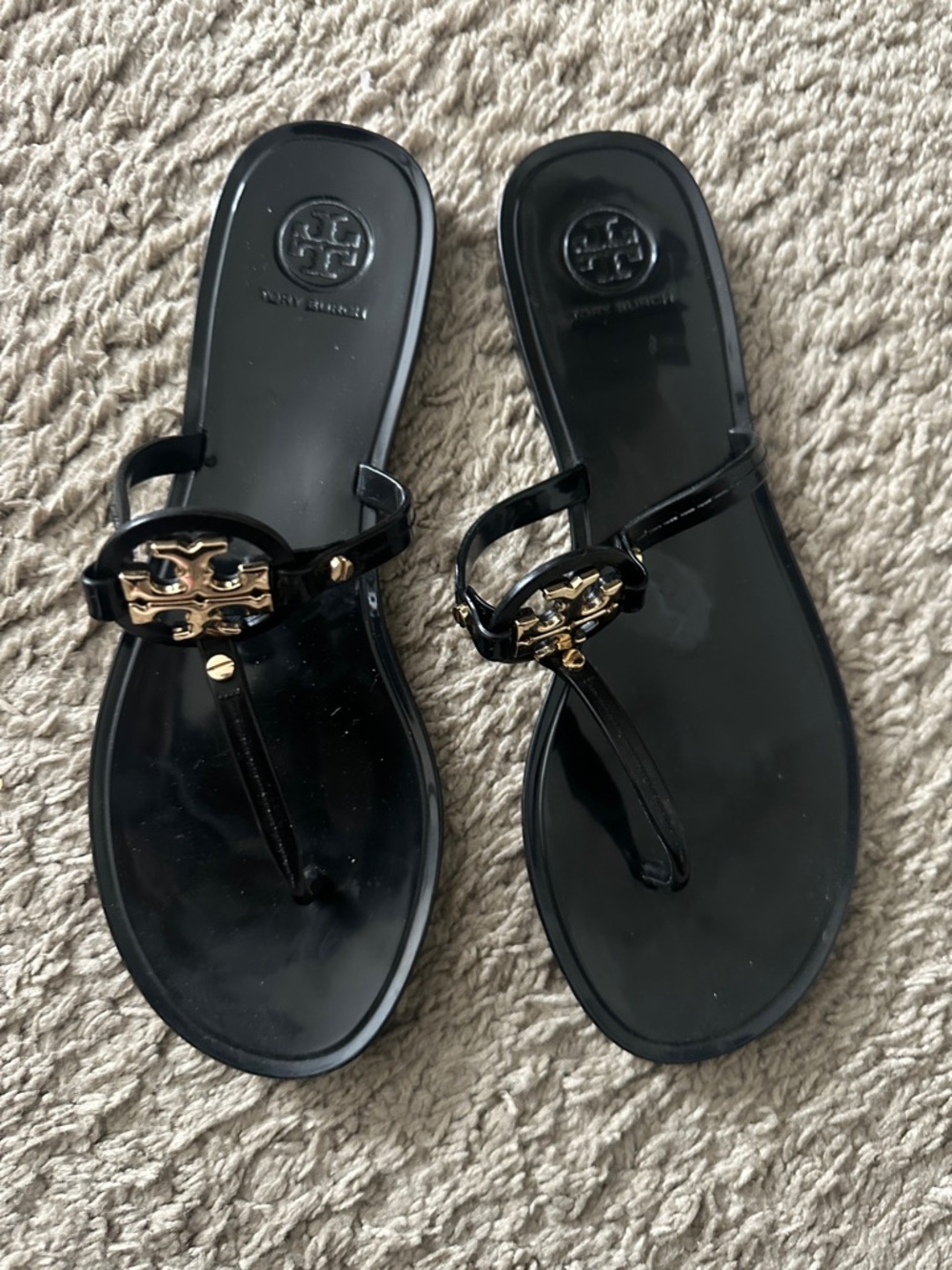 Tory Burch Black Jelly Toe-Post Sandals with Gold Logo